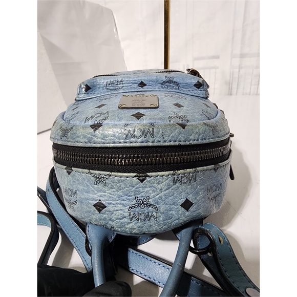 Authentic MCM Visetos Side Stud X-Mini Stark Bebe Boo Backpack Blue - Picture 12 of 13